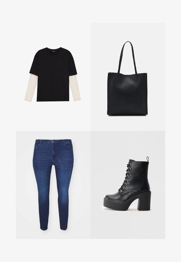 Čierne tričko z bavlny, s krátkymi rukávmi cez biele tričko s dlhým rukávom, s jemným textúrovaným vzorom. Design s okrúhlym výstrihom.; Tmavomodré priliehavé deninové nohavice s predným gombíkom a vreckami, zobrazené z prednej strany na bielom pozadí.; Čierne kožené členkové topánky s objemným blokovým podpätkom, šnurovaním vpredu a textúrovým povrchom. Obsahuje pútko na zadnej strane pre jednoduché obúvanie.; Čierna kožená taška na rameno s hladkým povrchom, obdĺžnikovým tvarom a dvoma dlhými uchami. Bez viditeľného kovania alebo ozdôb.