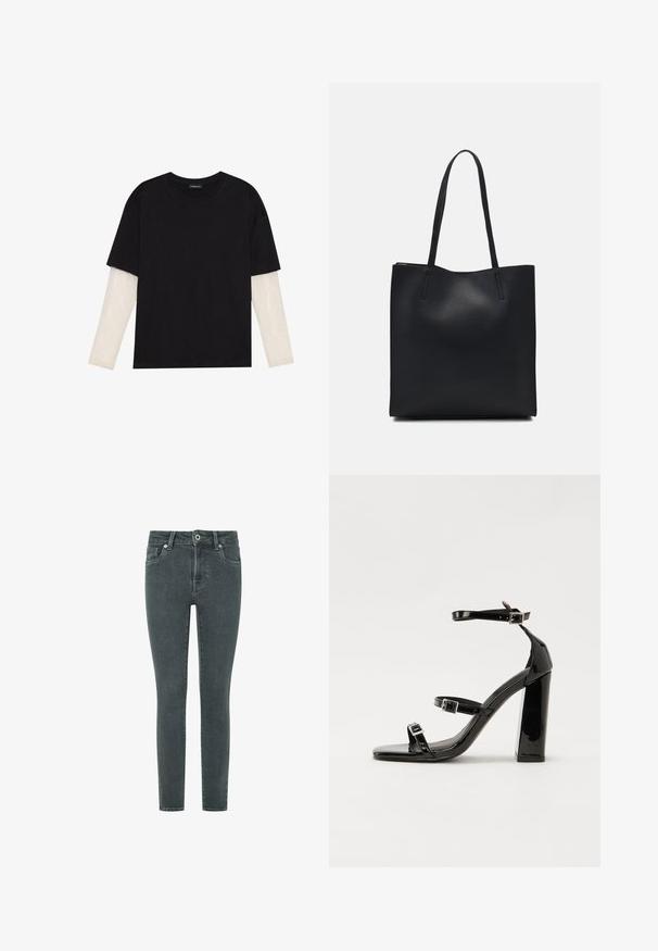 Melna kokvilnas T-kreklu ar īsām piedurknēm, virs baltas garām piedurknēm ar smalku teksturētu rakstu. Apaļas kakla izgriezuma dizains.; Tievās džinses tumši pelēkā denima ar gludu tekstūru. Iekļauj priekšējo rāvējslēdzēju, pogu aizdari un tradicionālo piecu kabatu dizainu.; Melnas lakotas augstpapēžu čības ar kvadrāta purngalu, potīšu siksniņām un sudraba sprādzēm. Aprīkotas ar masīvu bloku papēdi stabilitātei.; Melnas ādas somiņa ar gludu tekstūru, taisnstūra formu un divām garām rokturiem. Nav redzamu aparatūras vai rotājumu.