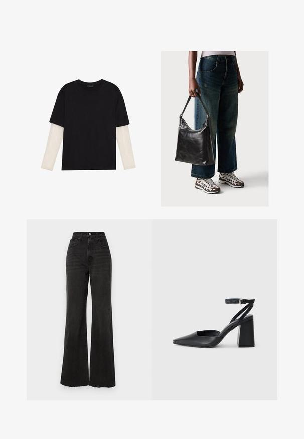 Juodas medvilninis marškinėliai su trumpomis rankovėmis, virš baltos ilgo rankovio sluoksnio, turinčio subtilų tekstūrinį raštą. Apvalus iškirpimas.; Juodos džinsinės kelnės su aukštu liemeniu, plačiu siluetu. Sukurtos su priekiniais sagčių užsegimais, penkiomis kišenėmis ir neapdirbtais klešnių kraštais.; Juoda odinė smailiagalė aukštakulnio bateliai su kulkšnies dirželiu ir storu kulnu. Lygus paviršius, elegantiškas dizainas ir minimalistiška estetinė. ; Juodas odinis peties krepšys su lygiu paviršiumi ir reguliuojama dirželiu, derinamas su nublukusiais plačiapurčiais džinsais ir sportiniais batais.