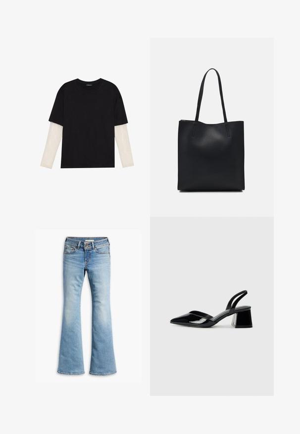 Black T-shirt made of cotton, featuring short sleeves over a white long-sleeve layer with a subtle textured pattern. Crew neckline design.; Light blue flared jeans made of denim, featuring a button closure, five-pocket design, and slight fading for a worn look.; Black patent leather slingback heels with a pointed toe and a geometric block heel. Features a sleek, minimal design and smooth texture.; Black leather tote bag with smooth texture, rectangular shape, and two long handles. No visible hardware or embellishments.