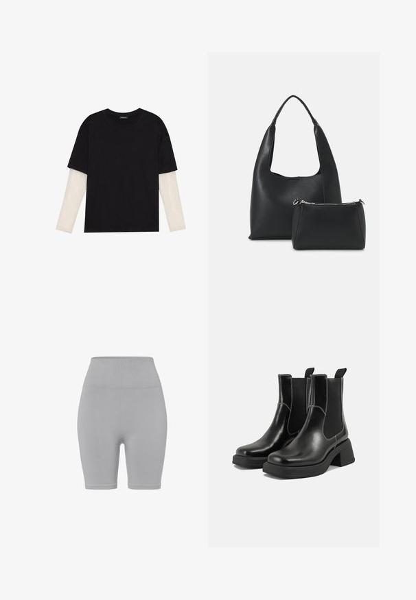 Zwarte T-shirt van katoen, met korte mouwen over een witte lange mouw laag met een subtiel textuurpatroon. Ronde hals ontwerp.; Grijze, ribbelige jersey shorts met een hoge tailleband en een knielange snit. Glad van textuur zonder zichtbare patronen of accenten.; Zwarte leren Chelsea-boots met een chunky hak, elastische zijpanelen en contrasterende witte stiksels. Gestructureerde afwerking.; Even&Odd Handtas - black
