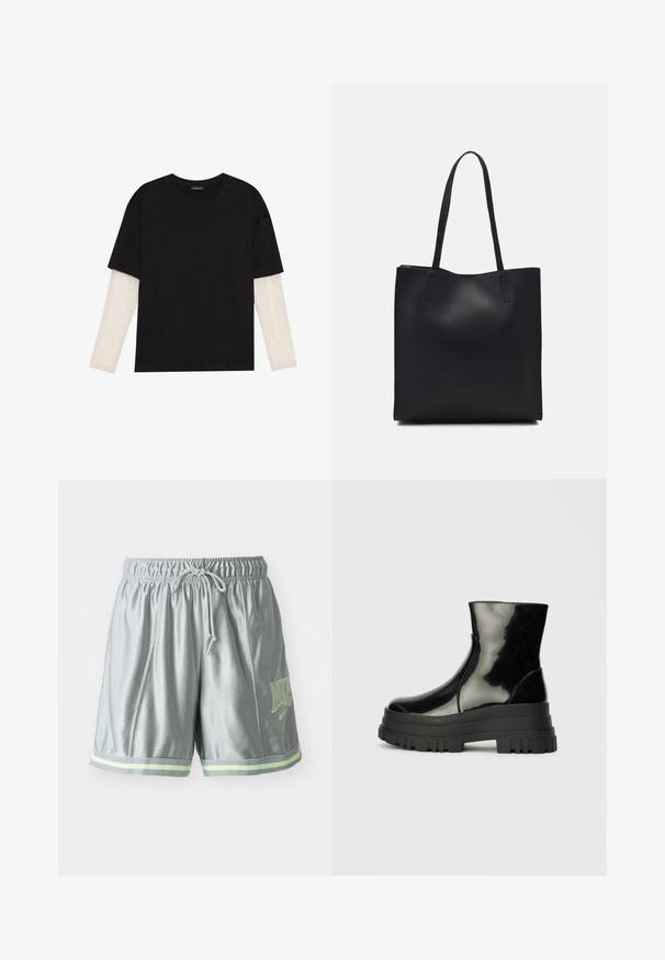 Svart T-skjorte laget av bomull, med korte ermer over et hvitt langermet lag med en subtil teksturert mønster. Rund hals design.; Grå treningsshorts laget av lett stoff. Har en elastisk midje med snøring, grønne aksentstriper og logo-detalj.; Svart, blank ankelstøvel med tykk såle og rund tå, sett fra siden på en enkel, lys grå bakgrunn.; Svart lær tote bag med glatt tekstur, rektangulær form og to lange håndtak. Ingen synlige deler eller dekorasjoner.