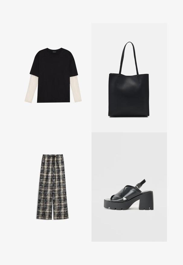 Black T-shirt made of cotton, featuring short sleeves over a white long-sleeve layer with a subtle textured pattern. Crew neckline design.; Wide-leg plaid pants in black, beige, and gray, featuring an elastic waistband and drawstring. Soft, textured fabric with a checked pattern.; Black patent leather slingback platform sandals with a chunky heel, featuring a cross-strap design and a textured sole for grip.; Black leather tote bag with smooth texture, rectangular shape, and two long handles. No visible hardware or embellishments.
