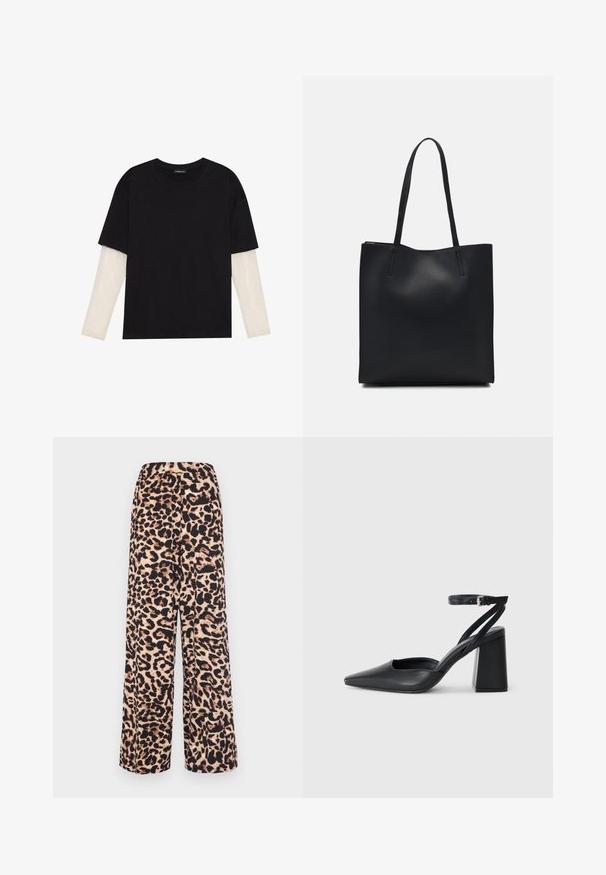 Black T-shirt made of cotton, featuring short sleeves over a white long-sleeve layer with a subtle textured pattern. Crew neckline design.; Wide-leg pants made of soft fabric featuring a leopard print in warm beige and dark brown, with an elastic waistband for comfort.; Black leather pointy-toe pump with an ankle strap and a chunky heel. Flat texture, sleek design, and minimalistic aesthetics.; Black leather tote bag with smooth texture, rectangular shape, and two long handles. No visible hardware or embellishments.