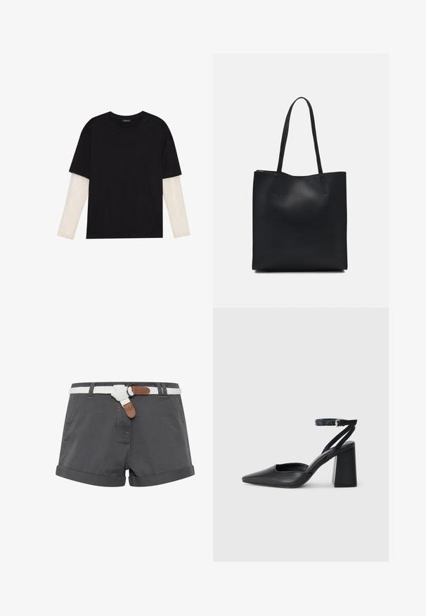 Fekete pamut póló, rövid ujjal, fehér hosszú ujjú réteg fölött, finom textúrával. Kerek nyakkivágású dizájn.; Szürke pamut rövidnadrág, felgöngyölt szegéllyel, fehér fonott övvel és barna bőr kiegészítőkkel. Az anyagon látható varrási részlet.; Fekete bőr, hegyes orrú magassarkú cipő boka pánttal és vastag sarokkal. Sima textúra, elegáns dizájn és minimális esztétika.; Fekete bőrtáska sima felszínnel, téglalap alakú, két hosszú füllel. Nincs látható fémkiegészítő vagy díszítés.
