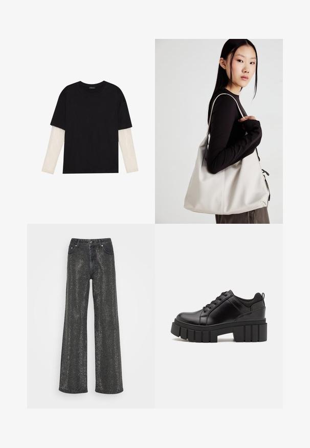 Mustmust särk, mis on valmistatud puuvillast, lühikeste varrukatega, valge pika varrukaga kihi peal, millel on peene tekstuuriga muster. Ümar kaelus.; Mustad denim laiad jalad, millel on metalline täppide muster, viie tasku disain ning nupuga sulgemine koos nähtavate õmbluse detailidega.; Must musta platvormsussid paksu plokkninal, ümmarguse varbaga ja traditsioonilise nööridega kinnitamisega. Sussid on sileda tekstuuriga ja minimaalsete detailidega.; Bež käekott pehme materjali, millel on lõtv disain, õmblustega detailid ja kaks õlarihma. Sobib igapäevaseks kasutamiseks.