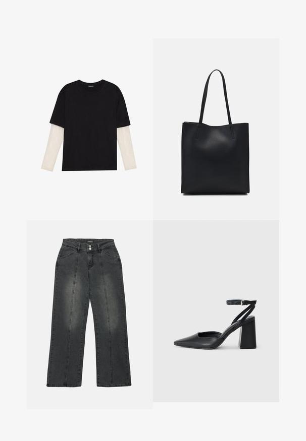 Black T-shirt made of cotton, featuring short sleeves over a white long-sleeve layer with a subtle textured pattern. Crew neckline design.; Wide-leg jeans in dark gray denim, featuring a high waist, dual front pockets, center seams, and subtle fading on the fabric.; Black leather pointy-toe pump with an ankle strap and a chunky heel. Flat texture, sleek design, and minimalistic aesthetics.; Black leather tote bag with smooth texture, rectangular shape, and two long handles. No visible hardware or embellishments.