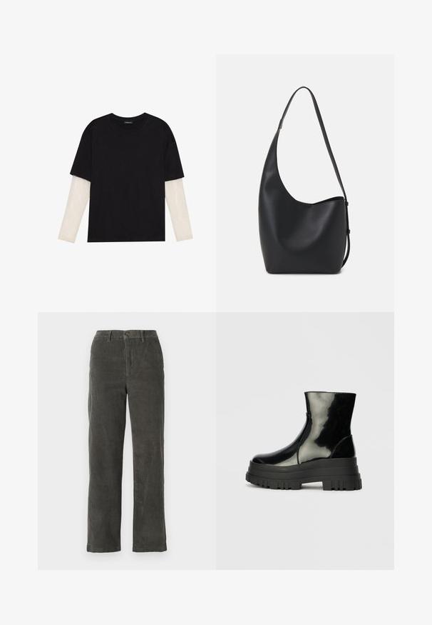 Black T-shirt made of cotton, featuring short sleeves over a white long-sleeve layer with a subtle textured pattern. Crew neckline design.; Gray corduroy trousers with a waistband, front button closure, and two side pockets. Straight-leg design and ribbed texture.; Black glossy ankle boot with thick lug sole and rounded toe, side view on plain light gray background.; Black leather hobo bag with a smooth texture, curved shape, and single adjustable strap; features a wide opening at the top.