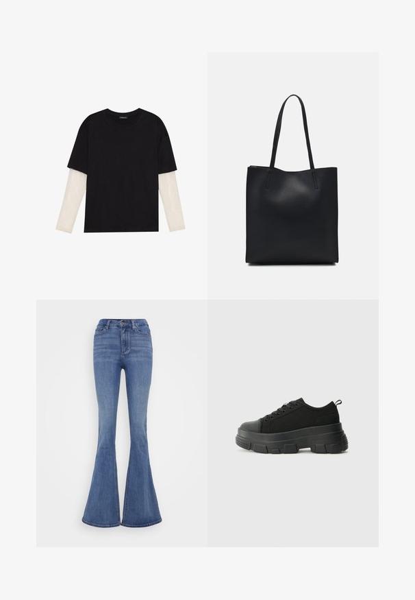 T-shirt preta de algodão, com mangas curtas sobre uma camada de mangas longas branca com um padrão texturizado subtil. Design de decote redondo.; Calças de ganga azuis claras com boca de sino e cintura alta. Apresenta um fecho frontal por botão e uma textura suave.; Sneakers pretos com sola de borracha robusta, parte superior de tecido texturizado, bico redondo e design de atacadores. Apresenta ilhós reforçados e uma alça na parte posterior.; Bolsa tote preta em couro com textura lisa, forma retangular e duas alças longas. Sem hardware ou enfeites visíveis.
