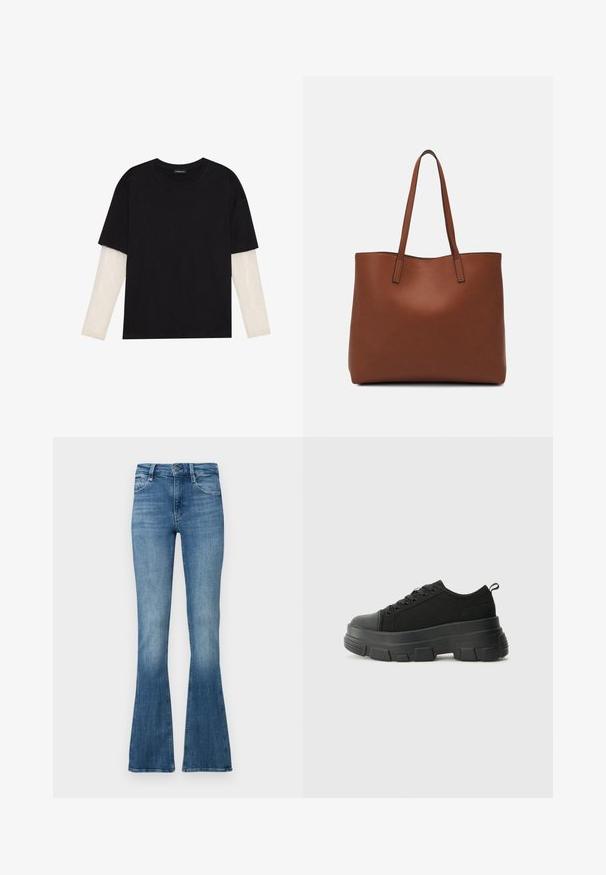 Črna majica iz bombaža s kratkimi rokavi, ki pokriva belo dolgi rokav z subtilnim teksturiranim vzorcem. Oblika izrezanega vratu.; Svetlo modri flared jeans z gumbom, petimi žepi in subtilnimi zbledelimi detajli za raznolikost teksture.; Črne teniske z debelim gumijastim podplatom, zgornji del iz teksturirane tkanine, okrogla punta in zavezovanje z vrvicami. Vključujejo ojačane luknje za vrvice in zanko na hrbtu.; Rjava usnjena torba z gladko teksturo, odprto zasnovo zgoraj in dvema naramnima trakovoma. Opremljena je z minimalnim šivanjem in brez vidnih kovinskih delov.
