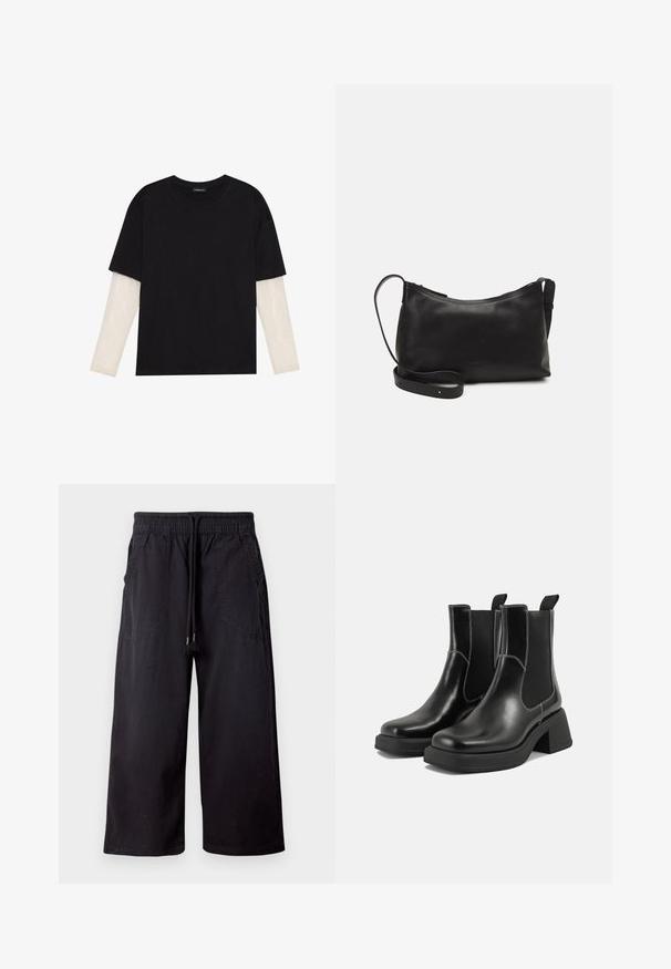 Black T-shirt made of cotton, featuring short sleeves over a white long-sleeve layer with a subtle textured pattern. Crew neckline design.; Black wide-leg pants made of cotton, featuring an elastic waistband with drawstring, two side pockets, and a smooth, matte texture.; Black leather Chelsea boots with a chunky heel, elastic side panels, and contrasting white stitching. Textured finish.; Black leather shoulder bag with a smooth texture, curved shape, adjustable strap, and a zip closure. Minimalist design without embellishments.