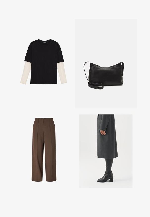 Zwarte T-shirt van katoen, met korte mouwen over een witte lange mouw laag met een subtiel textuurpatroon. Ronde hals ontwerp.; Bruine hoge taille wijde broek met kreuklijnen aan de voorkant en een verborgen ritssluiting aan de voorkant.; Grijze, op maat gemaakte overjas met een rechte snit; gecombineerd met kniehoge zwarte leren laarzen met een vierkante neus en chunkyerand.; Zwarte leren schoudertas met een gladde textuur, gebogen vorm, verstelbare schouderband en een ritsafsluiting. Minimalistisch ontwerp zonder versieringen.