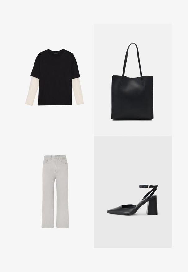 Melna kokvilnas T-kreklu ar īsām piedurknēm, virs baltas garām piedurknēm ar smalku teksturētu rakstu. Apaļas kakla izgriezuma dizains.; Gai pelēki džinsi ar taisnu kāju dizainu, piecu kabatu stilu, priekšējo rāvējslēdzēju un klasisku jostu. Vienkāršs šuvums.; Melna ādas augstpapēžu kurpe ar norakstīto purngala formu, potītes siksniņu un masīlu papēdi. Gluda tekstūra, elegants dizains un minimālisma estētika.; Melnas ādas somiņa ar gludu tekstūru, taisnstūra formu un divām garām rokturiem. Nav redzamu aparatūras vai rotājumu.