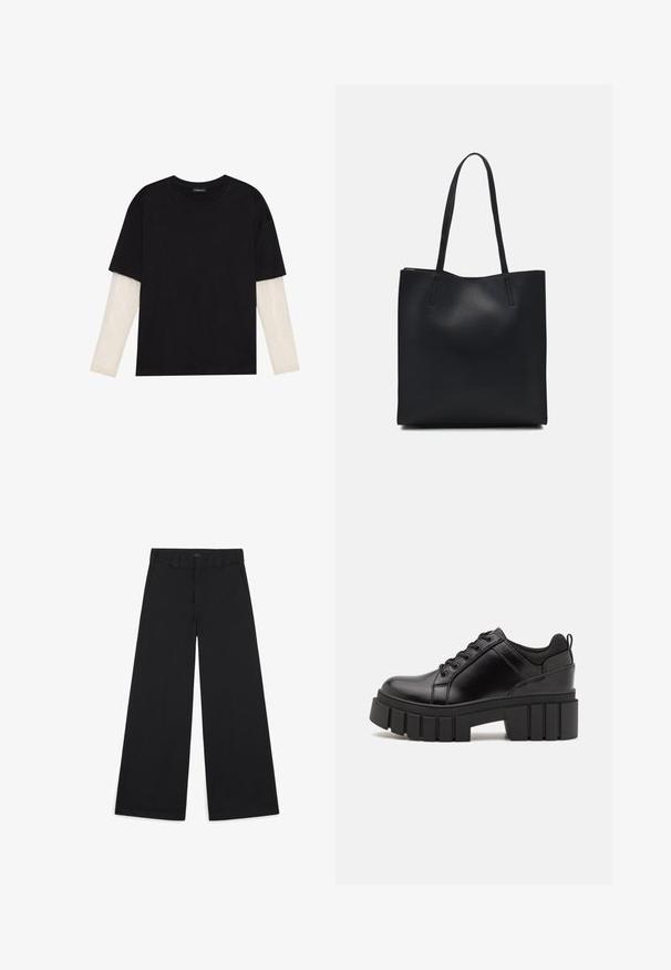 T-shirt preta de algodão, com mangas curtas sobre uma camada de mangas longas branca com um padrão texturizado subtil. Design de decote redondo.; Calças pretas de perna larga feitas de um tecido têxtil suave. Apresentam vincos prensados, passadores de cinto e um acabamento limpo e ajustado.; Sapatos de plataforma em couro preto com um salto bloco robusto, bico redondo e design clássico de atacadores. Apresentam uma textura suave e detalhes mínimos.; Bolsa tote preta em couro com textura lisa, forma retangular e duas alças longas. Sem hardware ou enfeites visíveis.