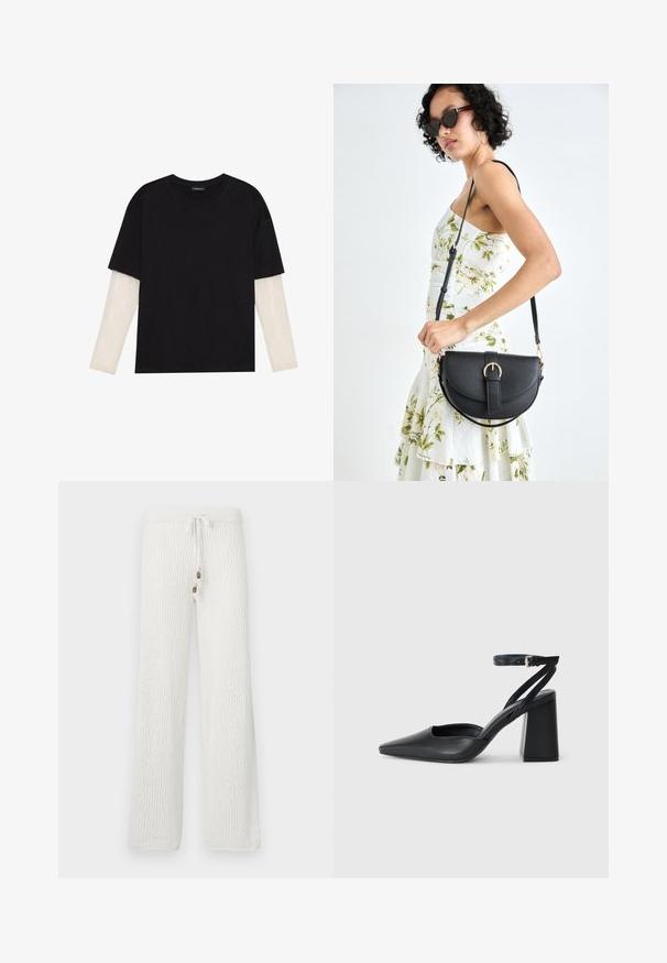 Camiseta negra de algodón, con mangas cortas sobre una capa blanca de manga larga con un patrón texturizado sutil. Diseño de escote redondeado.; Pantalones de lounge blancos de punto con un patrón texturizado, que cuentan con una cinturilla con cordón y dos botones decorativos en la parte frontal.; Zapato de tacón puntiagudo de cuero negro con tira en el tobillo y tacón ancho. Textura plana, diseño elegante y estética minimalista.; Bolso de piel negra con forma curva, correa desmontable y herrajes dorados. El bolso cuenta con una solapa con un detalle de hebilla.
