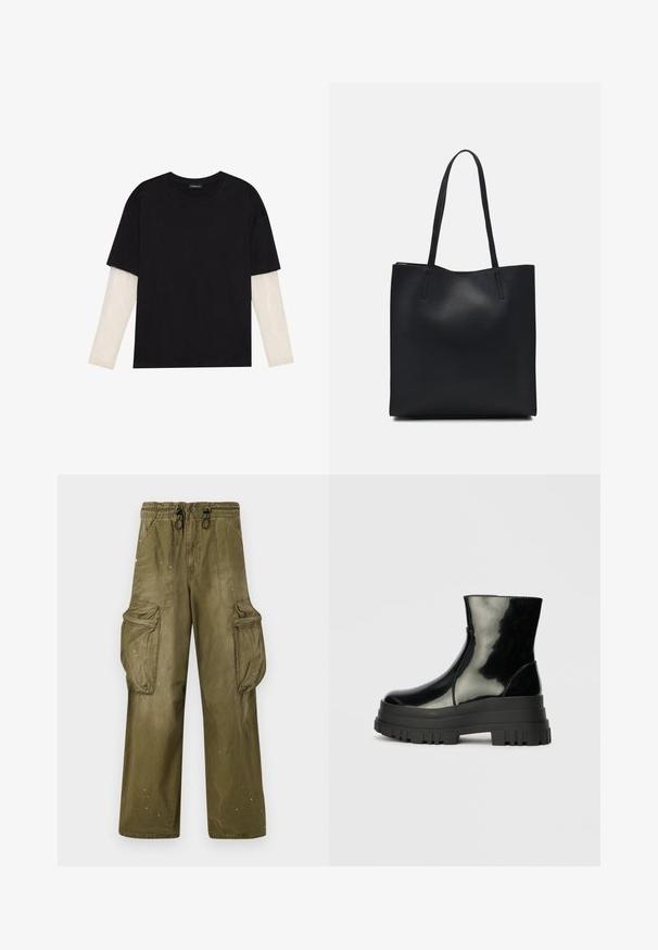 Černé tričko z bavlny s krátkým rukávem, pod kterým je bílá podvlékací halenka s dlouhým rukávem a jemným texturovaným vzorem. Design s kulatým výstřihem.; Olivově zelené cargo kalhoty s uvolněným střihem, elastickým pasem, šňůrkou, dvěma bočními kapsami a dvěma velkými cargo kapsami. Světle opotřebované.; Černá lesklá kotníková bota s robustní podrážkou a zaoblenou špičkou, boční pohled na jednolitém světle šedém pozadí.; Černá kožená taška přes rameno s hladkým povrchem, obdélníkovým tvarem a dvěma dlouhými uchy. Žádné viditelné kování ani ozdoby.