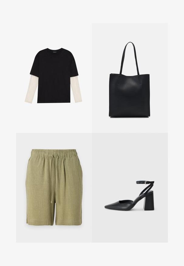 Crni majica od pamuka, s kratkim rukavima preko bijele dugorukave slojevite s suptilnim teksturiranim uzorkom. Dizajn s okruglim izrezom.; Maslinasto zelene kratke hlače izrađene od strukturirane, prozračne tkanine. Sadrže elastičnu traku oko struka i vezicu za prilagodljivo pristajanje.; Crne kožne cipele s špicastim vrhom, remenom oko gležnja i debelim potplatom. Ravna tekstura, elegantan dizajn i minimalistička estetika.; Crna kožna torba za nošenje s glatkom teksturom, pravokutnim oblikom i dvije duge ručke. Nema vidljivih metalnih dijelova ili ukrasa.