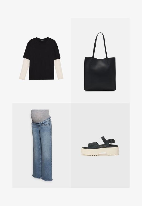 Černé tričko z bavlny s krátkým rukávem, pod kterým je bílá podvlékací halenka s dlouhým rukávem a jemným texturovaným vzorem. Design s kulatým výstřihem.; ONLY MATERNITY OLMJUICY - Wide leg - medium blue denim; Černé semišové platformové sandály s robustní bílou podrážkou, širokým předním páskem a nastavitelným řemínkem kolem kotníku. Texturovaná podrážka pro lepší grip.; Černá kožená taška přes rameno s hladkým povrchem, obdélníkovým tvarem a dvěma dlouhými uchy. Žádné viditelné kování ani ozdoby.