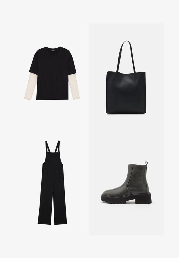 Black T-shirt made of cotton, featuring short sleeves over a white long-sleeve layer with a subtle textured pattern. Crew neckline design.; Black overalls made of soft fabric, featuring wide legs, two front pockets, and adjustable shoulder straps with button hardware.; Black ankle boots with a smooth synthetic upper, elastic side panels, a pull tab, and a chunky rubber sole.; Black leather tote bag with smooth texture, rectangular shape, and two long handles. No visible hardware or embellishments.