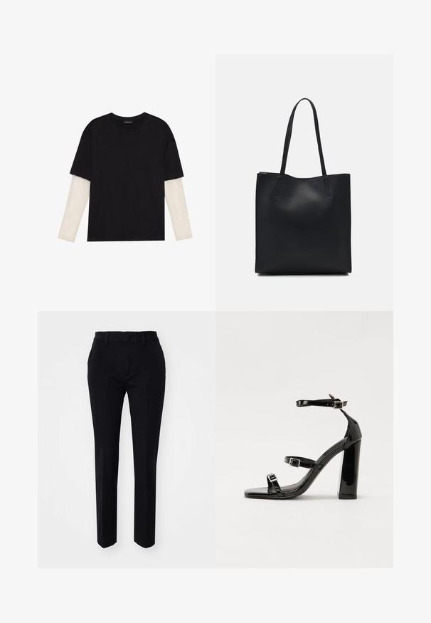 Black T-shirt made of cotton, featuring short sleeves over a white long-sleeve layer with a subtle textured pattern. Crew neckline design.; Black tailored trousers with a smooth fabric texture, straight legs, and angled side pockets. Simple waistband with belt loops, no visible patterns.; Black patent heeled sandals with a square toe, ankle straps, and silver buckles. Features a chunky block heel for stability.; Black leather tote bag with smooth texture, rectangular shape, and two long handles. No visible hardware or embellishments.