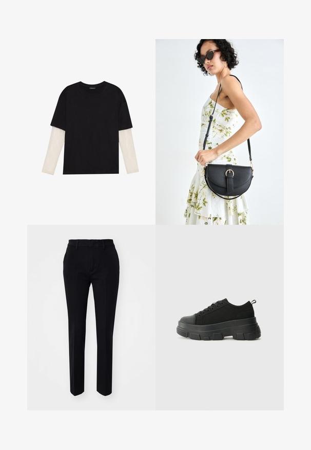 Czarny T-shirt wykonany z bawełny, z krótkimi rękawami na białej warstwie z długim rękawem z delikatnym teksturowanym wzorem. Projekt z okrągłym dekoltem.; Czarne spodnie o dopasowanym kroju z gładkiego materiału, proste nogawki i ukośne kieszenie boczne. Prosta talia z paskiem, bez widocznych wzorów.; Czarne sneakersy z masywną gumową podeszwą, teksturowaną górną częścią, okrągłym noskiem i sznurowanym zapięciem. Posiadają wzmocnione oczka i pętelkę z tyłu.; Czarna skórzana torebka o zakrzywionym kształcie, z odpinanym paskiem i złotymi akcentami. Torebka posiada klapę z zapięciem w kształcie klamry.