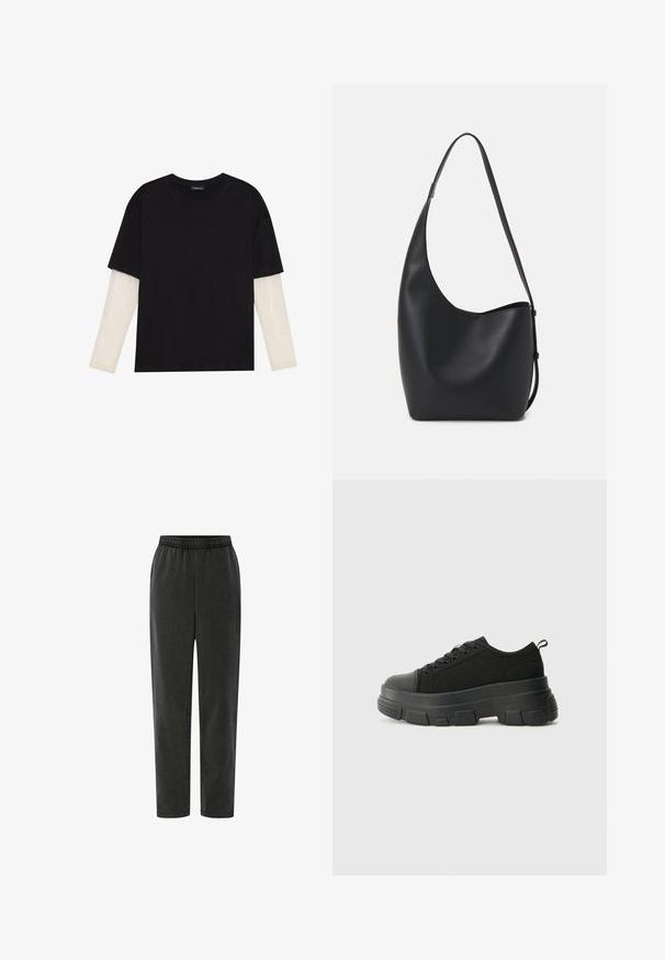 Svart t-shirt i bomull, med korta ärmar över ett vitt långärmat lager med en subtil texturdesign. Rundad halsringning.; Svarta tapered byxor med elastisk midja, tillverkade av mjukt tyg, med sid sömmar och en slät yta. Inga synliga mönster eller detaljer.; Svarta sneakers med en kraftig gummisula, texturerad tygöverdel, rund tå och snörning. Har förstärkta öglor och dragflik bak.; Svart läder hobo-väska med en slät textur, kurvig form och en justerbar axelrem; har en bred öppning upptill.