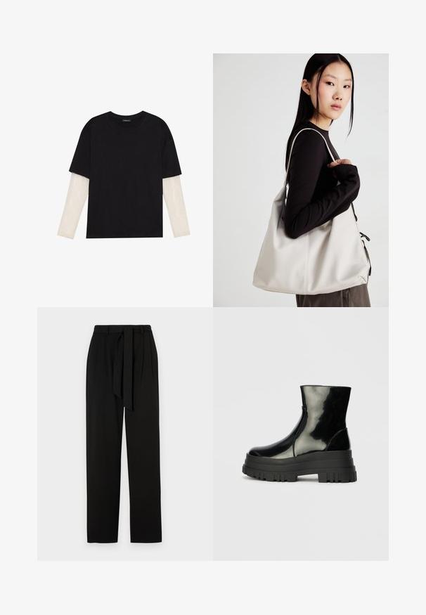Fekete pamut póló, rövid ujjal, fehér hosszú ujjú réteg fölött, finom textúrával. Kerek nyakkivágású dizájn.; Fekete nadrág magas derékkal, oldalsó redőkkel és szövetövekkel. Simább anyagból készült, egyenes, teljes hosszúságú lábakkal.; Fekete fényes boka csizma vastag bordázott talppal és kerek orral, oldalnézet világos szürke háttér előtt.; Puha anyagból készült bézs kézitáska, laza dizájnnal, varrott részletekkel és két vállpánttal. Mindennapi használatra alkalmas.