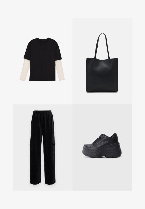 Black T-shirt made of cotton, featuring short sleeves over a white long-sleeve layer with a subtle textured pattern. Crew neckline design.; Black corduroy cargo pants with a wide leg design, featuring an elastic waistband and two side pockets. Vertical ribbed texture throughout.; Black lace-up sneakers with a chunky sole, featuring smooth leather upper, rounded toe, and distinct layered platform design.; Black leather tote bag with smooth texture, rectangular shape, and two long handles. No visible hardware or embellishments.