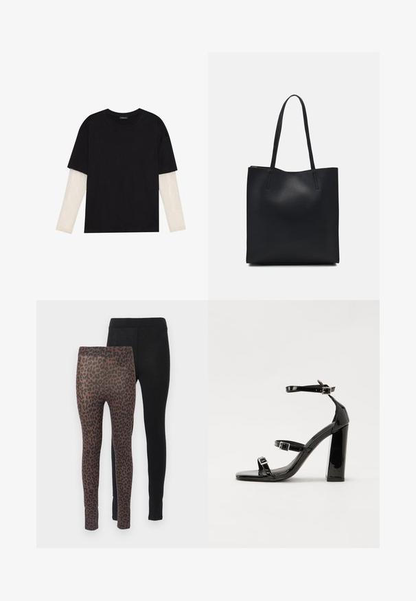 Zwarte T-shirt van katoen, met korte mouwen over een witte lange mouw laag met een subtiel textuurpatroon. Ronde hals ontwerp.; Twee paar leggings: één in effen zwarte stof, de ander in bruin met een zwart panterprintpatroon, met elastische taillebanden.; Zwarte gepatenteerde sandalen met hak en een vierkante neus, enkelbandjes en zilveren gespen. Heeft een stevige blokhak voor stabiliteit.; Zwarte leren handtas met een gladde textuur, rechthoekige vorm en twee lange handvaten. Geen zichtbare hardware of versieringen.
