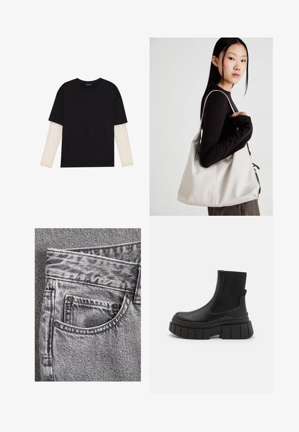 Čierne tričko z bavlny, s krátkymi rukávmi cez biele tričko s dlhým rukávom, s jemným textúrovaným vzorom. Design s okrúhlym výstrihom.; Sivé denimové džínsy s textúrovaným povrchom, so prednou kapsou s kovovými nitmi a kontrastným prešívaním pozdĺž švov.; Čierne členkové topánky vyrobené z hladkej kože s elastickými bočnými panelmi, hrubou platformou a textúrovaným vzorom na podrážke.; Béžová kabelka vyrobená z mäkkého materiálu, s uvoľneným dizajnom, prišitými detailmi a dvoma popruhmi na nosenie na pleciach. Vhodná na každodenné nosenie.