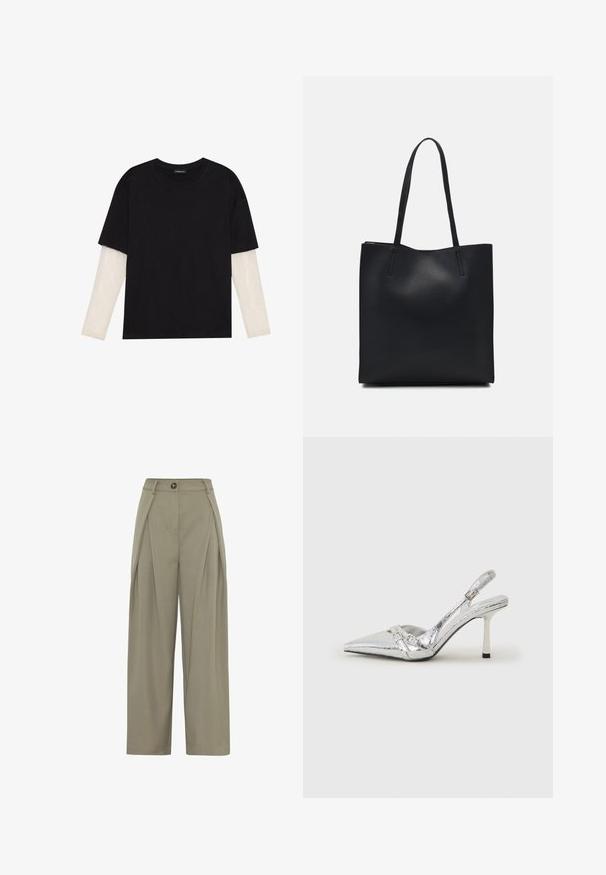 Tricou negru din bumbac, cu mâneci scurte, peste un strat alb cu mâneci lungi, având un model texturat subtil. Design cu guler rotund.; Moves LAURO - Pantaloni - fossil; Pantofii cu toc înalt, argintii, cu vârf ascuțit, finisaj metallic, două curele decorative și un toc subțire cu vârful negru.; Geantă tote neagră din piele, cu textură netedă, formă rectangulară și două mânere lungi. Fără hardware vizibil sau ornamente.