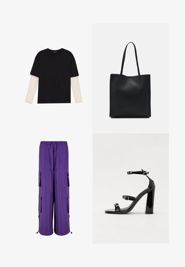 Camiseta negra de algodón, con mangas cortas sobre una capa blanca de manga larga con un patrón texturizado sutil. Diseño de escote redondeado.; Pantalones cargo morados con una cintura elástica, que cuentan con dos bolsillos laterales y dos bolsillos cargo. Elaborados con un tejido ligero de textura suave.; Sandalias negras de charol con tacón alto, dos correas con hebilla, punta cuadrada y tacón grueso, con una textura lisa y brillante.; Bolso tote de cuero negro con textura lisa, forma rectangular y dos asas largas. Sin herrajes ni adornos visibles.
