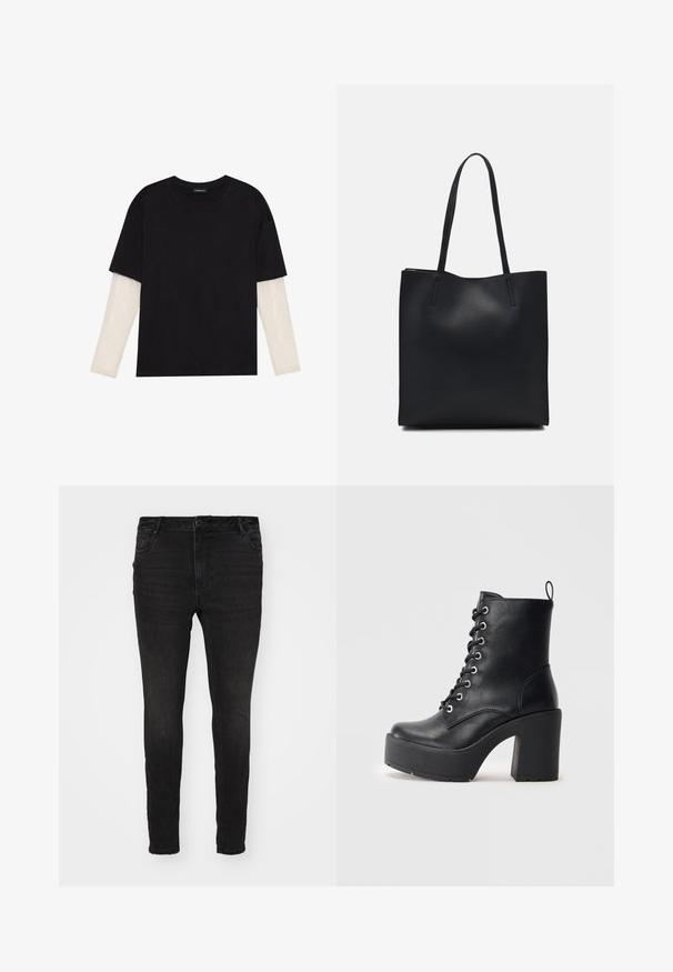 Svart T-skjorte laget av bomull, med korte ermer over et hvitt langermet lag med en subtil teksturert mønster. Rund hals design.; Vero Moda Curve VMCFLASH SKINNY - Jeggings - black denim; Sorte læder ankelstøvle med en kraftig blokhæl, snøre foran og tekstureret overflade. Har en flap på bagsiden for nem påtagning.; Svart lær tote bag med glatt tekstur, rektangulær form og to lange håndtak. Ingen synlige deler eller dekorasjoner.