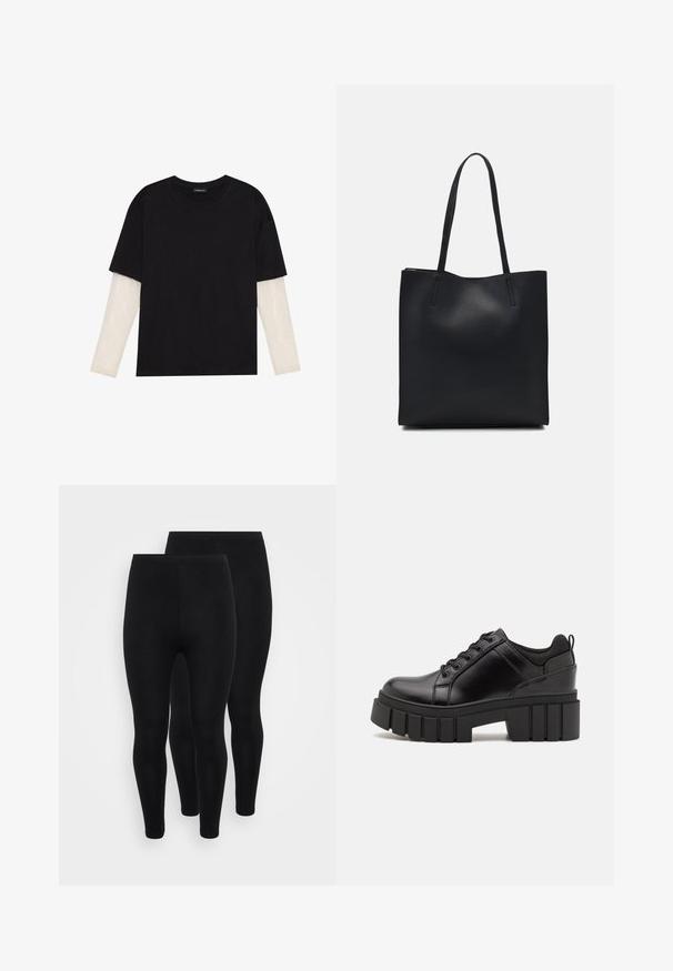 T-shirt nera in cotone con maniche corte sopra un sotto manica lunga bianca, caratterizzata da una sottile texture. Design con scollo rotondo.; Leggings neri, realizzati in tessuto elastico, presentano un design aderente. Hanno una superficie liscia e un elastico in vita. Due paia in esposizione.; Scarpe platform in pelle nera con tacco a blocco robusto, punta rotonda e design tradizionale con lacci. Presentano una superficie liscia e dettagli minimi.; Borsa tote in pelle nera con texture liscia, forma rettangolare e due manici lunghi. Nessun hardware o decorazione visibile.