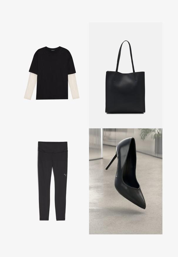 T-shirt nera in cotone con maniche corte sopra un sotto manica lunga bianca, caratterizzata da una sottile texture. Design con scollo rotondo.; Leggings sportivi neri con vita alta, realizzati in un tessuto liscio ed elastico. Presentano un piccolo logo riflettente sull'anca sinistra.; Décolleté nera in pelle con tacco alto, punta affusolata, design elegante e senza hardware visibile. Texture liscia e stile minimalista.; Borsa tote in pelle nera con texture liscia, forma rettangolare e due manici lunghi. Nessun hardware o decorazione visibile.