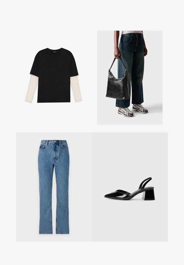 Fekete pamut póló, rövid ujjal, fehér hosszú ujjú réteg fölött, finom textúrával. Kerek nyakkivágású dizájn.; Világoskék farmernadrág, magas derékkal, egyenes szárakkal és klasszikus öt zsebes dizájnnal. Fém gombbal és szegecsekkel rendelkezik.; Fekete lakk bőr szandálkés magas sarkú cipő, hegyes orral és geometrikus tömbsarkakkal. Karcsú, minimalista dizájn és sima textúra jellemzi.; Fekete bőr válltáska sima textúrával és állítható pánttal, melyet elnyűtt, bő szárú farmernadrággal és sportcipőkkel párosítottak.