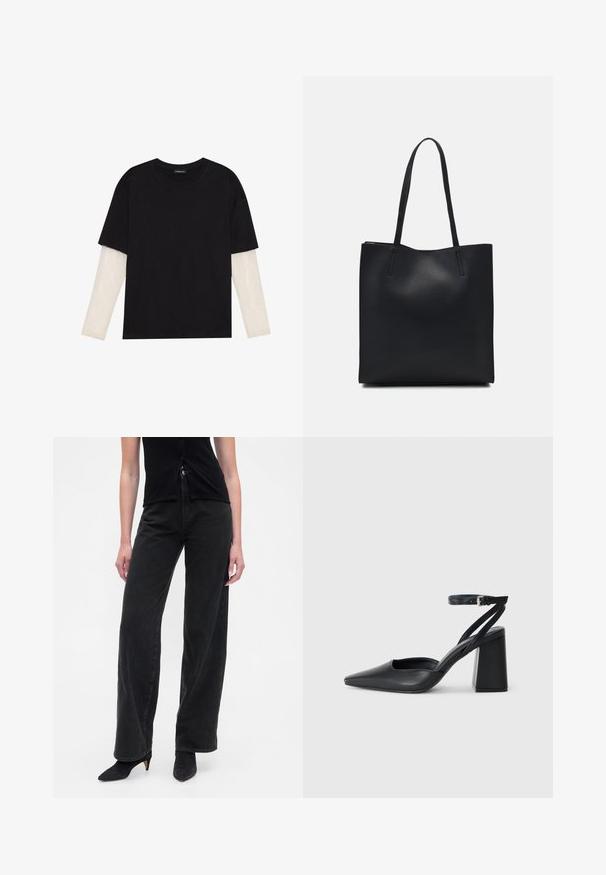 T-shirt preta de algodão, com mangas curtas sobre uma camada de mangas longas branca com um padrão texturizado subtil. Design de decote redondo.; Calças pretas de perna larga feitas de denim com cintura alta, apresentando fecho de botão e corte relaxado, combinadas com saltos pretos pontiagudos.; Sandal com biqueira afilada em couro preto, com cinta no tornozelo e salto grosso. Textura lisa, design elegante e estética minimalista.; Bolsa tote preta em couro com textura lisa, forma retangular e duas alças longas. Sem hardware ou enfeites visíveis.