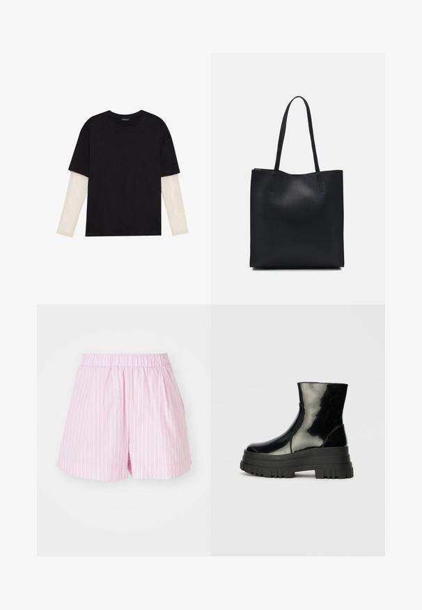 T-shirt preta de algodão, com mangas curtas sobre uma camada de mangas longas branca com um padrão texturizado subtil. Design de decote redondo.; Calções rosa claro com riscas verticais brancas, apresentando uma cintura elástica e um corte folgado, feitos de um tecido suave e leve.; Bota de tornozelo preta e brilhante com sola grossa e arredondada, vista lateral sobre fundo cinza claro.; Bolsa tote preta em couro com textura lisa, forma retangular e duas alças longas. Sem hardware ou enfeites visíveis.