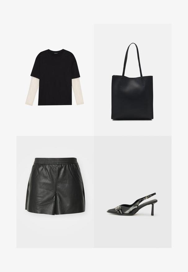 Juodas medvilninis marškinėliai su trumpomis rankovėmis, virš baltos ilgo rankovio sluoksnio, turinčio subtilų tekstūrinį raštą. Apvalus iškirpimas.; Juodi odiniai šortai su elastine juosta, pritaikytu dizainu ir šoninėmis įpjovomis, kad būtų lengviau judėti ir užtikrinti vėdinimą. Lygus paviršius.; Juodas lakuotas odinis batelis su smailiu pirštu, kulkšnies dirželiais su sidabrinėmis sagtimis ir detalėmis, bei plonu kulnu.; Juodas odinis tote krepšys su lygia tekstūra, stačiakampio formos ir dviem ilgais rankenomis. Matomų metalinių detalių ar puošybos nėra.; Sidabrinės širdelės formos auskarai puošti facetuotais skaidriais akmenimis, su tekstūruotu rėmu. Rinkinį sudaro tiek auskarai-stud, tiek kabančios formos.