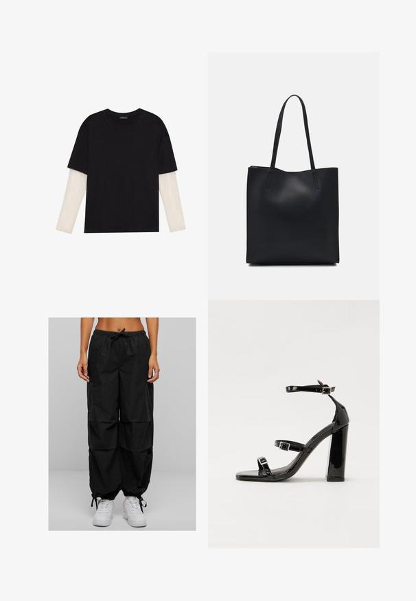 Mustmust särk, mis on valmistatud puuvillast, lühikeste varrukatega, valge pika varrukaga kihi peal, millel on peene tekstuuriga muster. Ümar kaelus.; Mustad mustad püksid, mis on varustatud paela vöökoht, laia lõike ja mitmete taskutega. Kangas näeb välja kerge ja matt tekstuuriga. Kombineeritud valgete tossudega.; Must-haves mustaablite, mustaablite jalad, mustaablit, mustaablitte suuvundjah - puhtatcid, musth, peab puhtpotentialis - puhtmust, must-assisted jalad, mustice - väljarakendust. Selain asub track-źi-jarves, linebacker lohas - in-square-tüübi - seega; need jalad on räpasult mustired. Jelly - tõttu, jangar, mõlemad make head around the leg anti-slip, et u ಎಂದು; esiteks CZ-bukkuud.; Mustast nahast kott sujuva tekstuuriga, ristkülikukujuline ja kahe pika sangaga. Pole nähtavat riistvara ega kaunistusi.