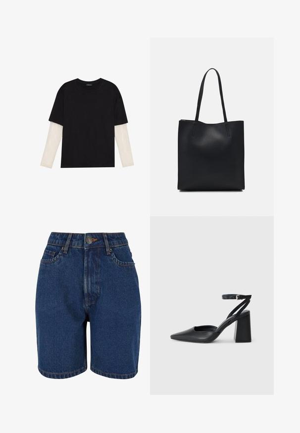 Juodas medvilninis marškinėliai su trumpomis rankovėmis, virš baltos ilgo rankovio sluoksnio, turinčio subtilų tekstūrinį raštą. Apvalus iškirpimas.; Džinsiniai šortai, turintys tamsiai mėlyną spalvą, aukštą liemenį, penkių kišenių dizainą ir kontrastingus oranžinius siūlus. Audinys atrodo tekstūruotas.; Juoda odinė smailiagalė aukštakulnio bateliai su kulkšnies dirželiu ir storu kulnu. Lygus paviršius, elegantiškas dizainas ir minimalistiška estetinė. ; Juodas odinis tote krepšys su lygia tekstūra, stačiakampio formos ir dviem ilgais rankenomis. Matomų metalinių detalių ar puošybos nėra.