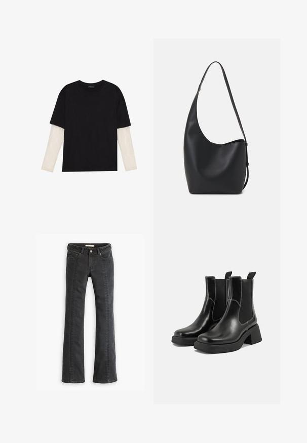 Čierne tričko z bavlny, s krátkymi rukávmi cez biele tričko s dlhým rukávom, s jemným textúrovaným vzorom. Design s okrúhlym výstrihom.; Čierne denimové zvonové nohavice s piatimi vreckami, pútkami na opasok a kontrastným prešívaním pozdĺž predných švov. Mäkká textúra a štandardný pás.; Čierne kožené Chelsea čižmy s robustným podpätkom, elastickými bočnými panelmi a kontrastným bielym prešívaním. Textúrovaný povrch.; Čierna kožená hobo taška so hladkou textúrou, zakriveným tvarom a jedným nastaviteľným popruhom; má široké otvorenie na vrchu.