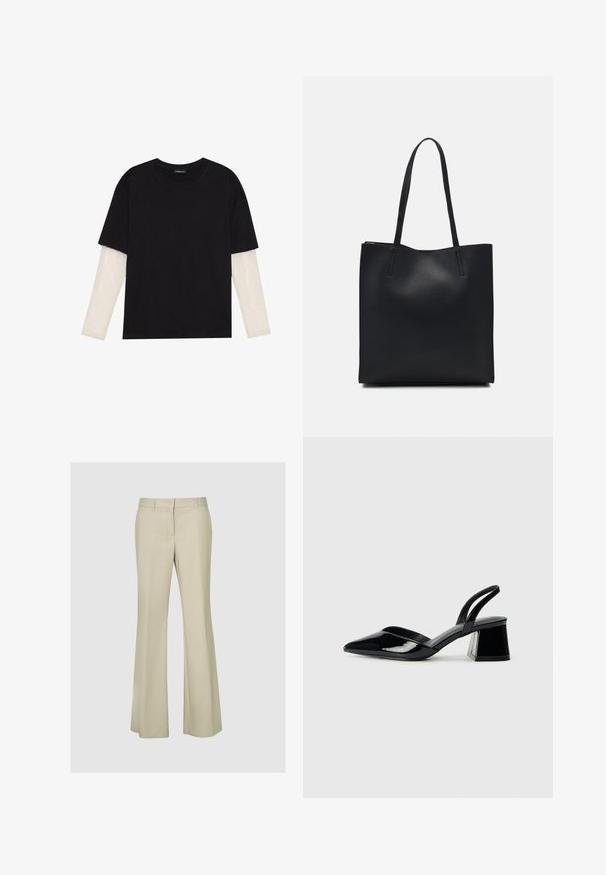 Black T-shirt made of cotton, featuring short sleeves over a white long-sleeve layer with a subtle textured pattern. Crew neckline design.; Beige flared pants in a smooth fabric, featuring a mid-rise waist, seam detailing, and no visible hardware or patterns.; Black patent leather slingback heels with a pointed toe and a geometric block heel. Features a sleek, minimal design and smooth texture.; Black leather tote bag with smooth texture, rectangular shape, and two long handles. No visible hardware or embellishments.