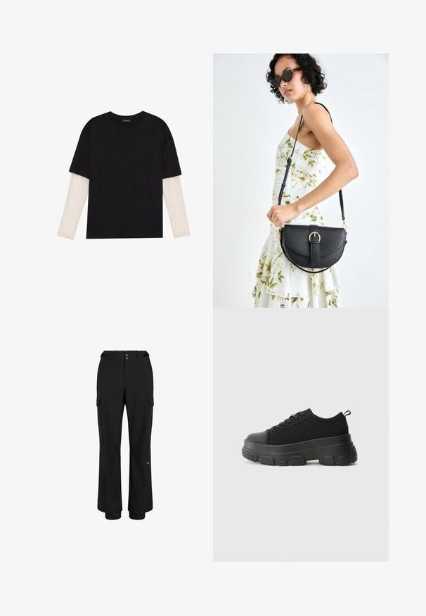 T-shirt nera in cotone con maniche corte sopra un sotto manica lunga bianca, caratterizzata da una sottile texture. Design con scollo rotondo.; Pantaloni cargo neri realizzati in tessuto leggero; presentano due tasche frontali, due tasche cargo laterali e polsini elasticizzati alle caviglie.; Sneaker nere con suola in gomma spessa, superiore in tessuto testurizzato, punta rotonda e design con lacci. Presenta occhielli rinforzati e linguetta sul retro.; Borsa a tracolla nera in pelle con una forma curva, manico rimovibile e accessori dorati. La borsa presenta una patta con un dettaglio a fibbia.