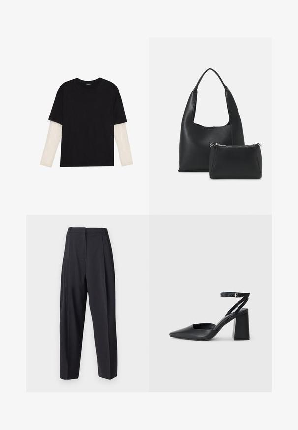 Black T-shirt made of cotton, featuring short sleeves over a white long-sleeve layer with a subtle textured pattern. Crew neckline design.; Dark gray trousers with a high waist, wide leg design, and pleats. Made of smooth fabric, featuring belt loops and a clean finish.; Black leather pointy-toe pump with an ankle strap and a chunky heel. Flat texture, sleek design, and minimalistic aesthetics.; Even&Odd Handbag - black