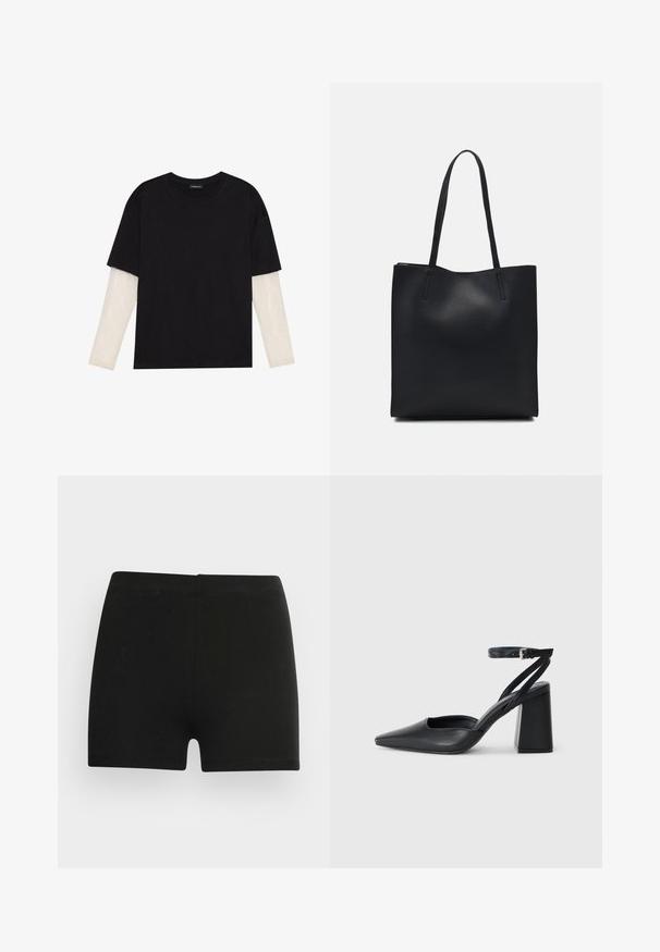 Mustmust särk, mis on valmistatud puuvillast, lühikeste varrukatega, valge pika varrukaga kihi peal, millel on peene tekstuuriga muster. Ümar kaelus.; Mustast puuvillast lühikesed püksid, millel on sobiv disain ja elastne vöökoht. Sile tekstuur, reie keskosa pikkus ja ilma nähtavate mustrite või aktsentideta.; Mustmustest must-käigukingad, millel on konksuga nöör ja paks konts. Ühtlane tekstuur, stiilne disain ja minimalistlik esteetika.; Mustast nahast kott sujuva tekstuuriga, ristkülikukujuline ja kahe pika sangaga. Pole nähtavat riistvara ega kaunistusi.