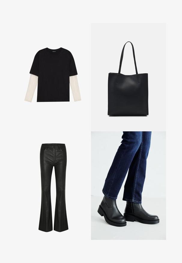 Fekete pamut póló, rövid ujjal, fehér hosszú ujjú réteg fölött, finom textúrával. Kerek nyakkivágású dizájn.; Fekete bőr bootcut nadrág, magas derékkal, elülső zsebekkel, sima textúrával és varrott részletezéssel az varratok mentén.; Fekete bőr bokacsizma vastag talppal és oldalán elnyújtott elasztikus betétekkel, sötétkék farmerral párosítva. A talaj világos színű.; Fekete bőrtáska sima felszínnel, téglalap alakú, két hosszú füllel. Nincs látható fémkiegészítő vagy díszítés.