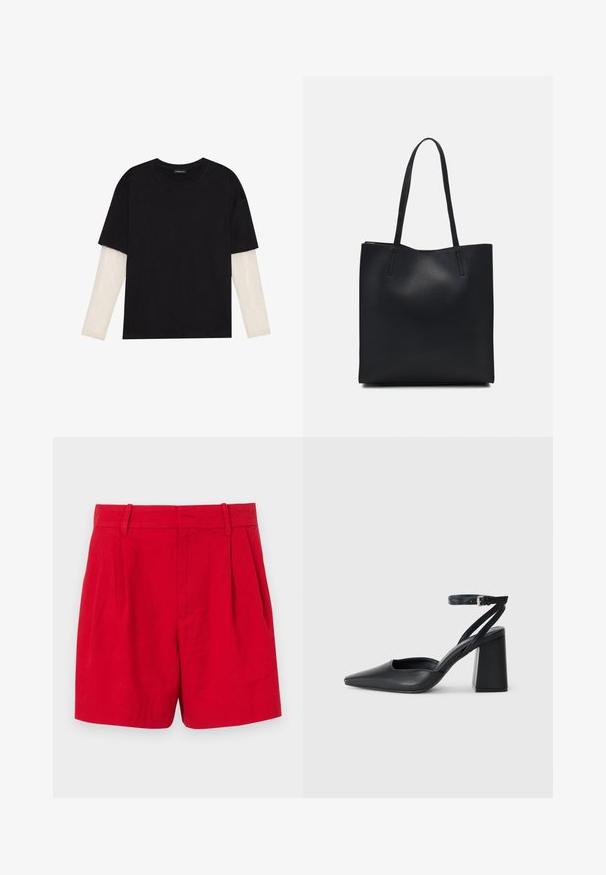 Schwarzes T-Shirt aus Baumwolle mit kurzen Ärmeln über einer weißen Langarmschicht, die ein dezentes strukturiertes Muster aufweist. Rundhalsausschnitt.; Rote Leinenshorts mit hoher Taille, ausgestattet mit Vorderfalten, Gürtelschlaufen und einer glatten Textur. Reguläre Passform mit einem klaren, maßgeschneiderten Design.; Schwarze Leder-Pumps mit spitzer Zehe, einem Knöchelriemen und einem blockigen Absatz. Flache Textur, elegantes Design und minimalistische Ästhetik.; Schwarze Laptoptasche aus Leder mit glatter Textur, rechteckiger Form und zwei langen Griffen. Keine sichtbaren Beschläge oder Verzierungen.
