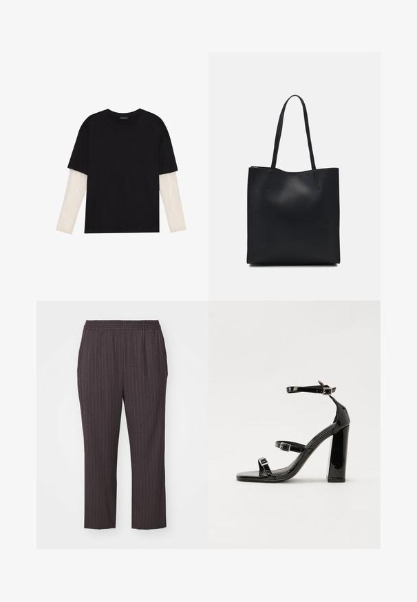 T-shirt noir en coton, avec des manches courtes sur une couche à manches longues blanche avec un motif texturé subtil. Col rond.; Pantalons gris foncé à taille élastique, avec des rayures verticales, une coupe fuselée, un tissu lisse et des poches latérales pour un design épuré.; Sandales à talons vernies noires avec un bout carré, des sangles autour de la cheville et des boucles en argent. Dotées d'un talon bloc épais pour plus de stabilité.; Sac fourre-tout en cuir noir avec une texture lisse, de forme rectangulaire et deux longues poignées. Pas de matériel ou d'ornementations visibles.; Boucles d'oreilles en argent avec un design rond et épuré, présentant une surface lisse et sans embellissements visibles. Diamètre non spécifié.