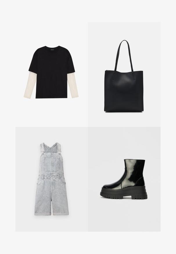 Čierne tričko z bavlny, s krátkymi rukávmi cez biele tričko s dlhým rukávom, s jemným textúrovaným vzorom. Design s okrúhlym výstrihom.; Prúhované deninové šaty s štvorcovou vreckom, nastaviteľnými popruhmi a širokým výstrihom. Vyznačujú sa voľným strihom a dĺžkou šortiek.; Čierne lesklé členkové čižmy s hrubou podrážkou a zaoblenou špičkou, bočný pohľad na jednoduchom svetlošedom pozadí.; Čierna kožená taška na rameno s hladkým povrchom, obdĺžnikovým tvarom a dvoma dlhými uchami. Bez viditeľného kovania alebo ozdôb.